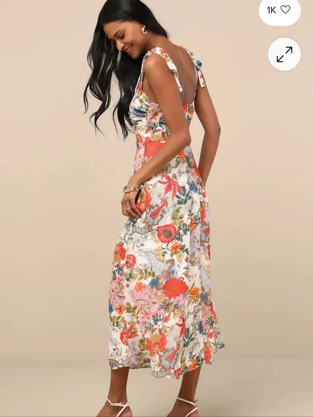 Lulus Blissful Ivory Floral Tie Strap A-line Midi Dress Size S - Picture 3 of 4